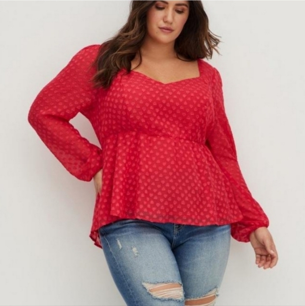 Torrid Red Peplum Chiffon Heart Clip Dot Flowy Sheer Blouse, Size 2x